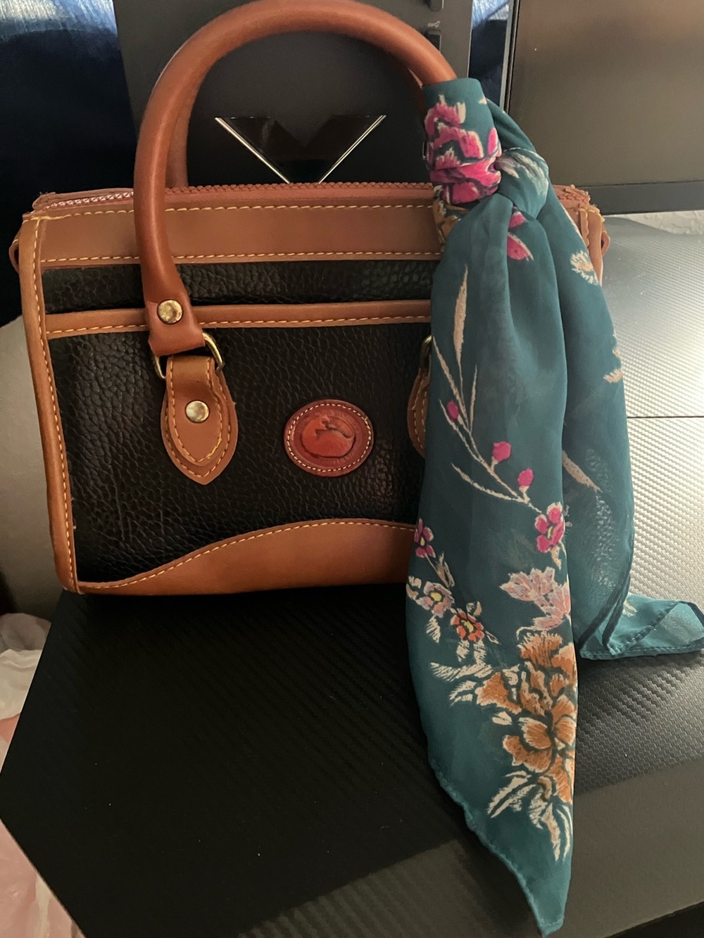 Leather Accent Black and Brown Satchel - Dooney & Bourke Style/Scarf